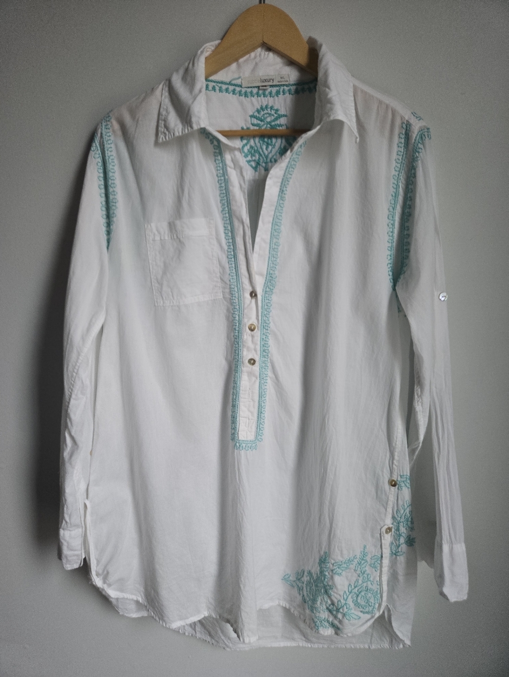 SUBTILE LUXURY White Swim Coverup with Aqua Embroidery